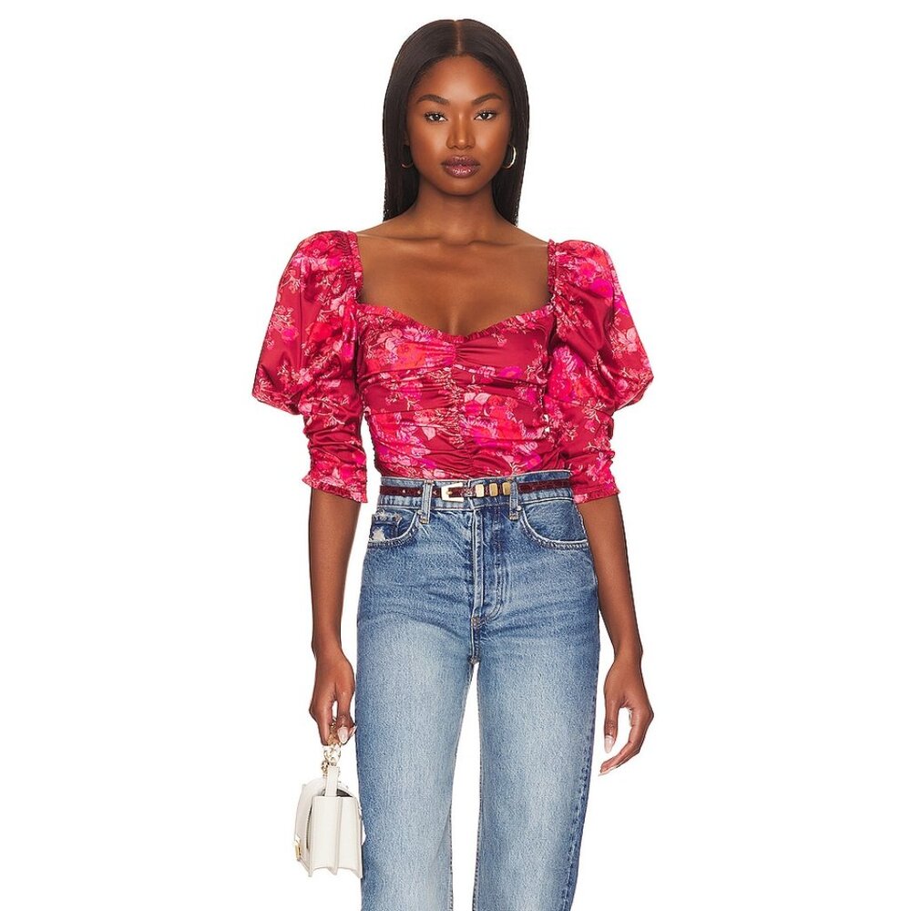 NWT For Love & Lemons Monet Bodysuit Red Floral Puff Sleeves Women's Size XS - Picture 3 of 14